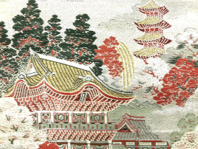 アンティーク　遠山・寺院風景模様織出し名古屋帯